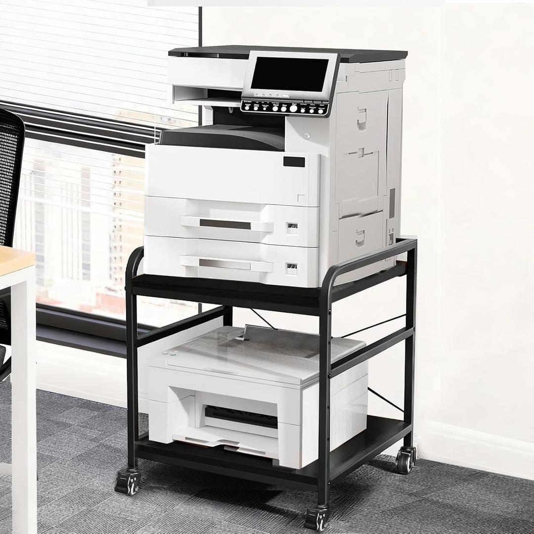 TFK 2 Tier Large Printer Stand with Storage, 20 x 20 Inches Under Desk Printer Table with Adjustable Shelf, Rolling Printers Cart with Wheels for Home Office, Fits Fax /3D Printer/Scanner, Black