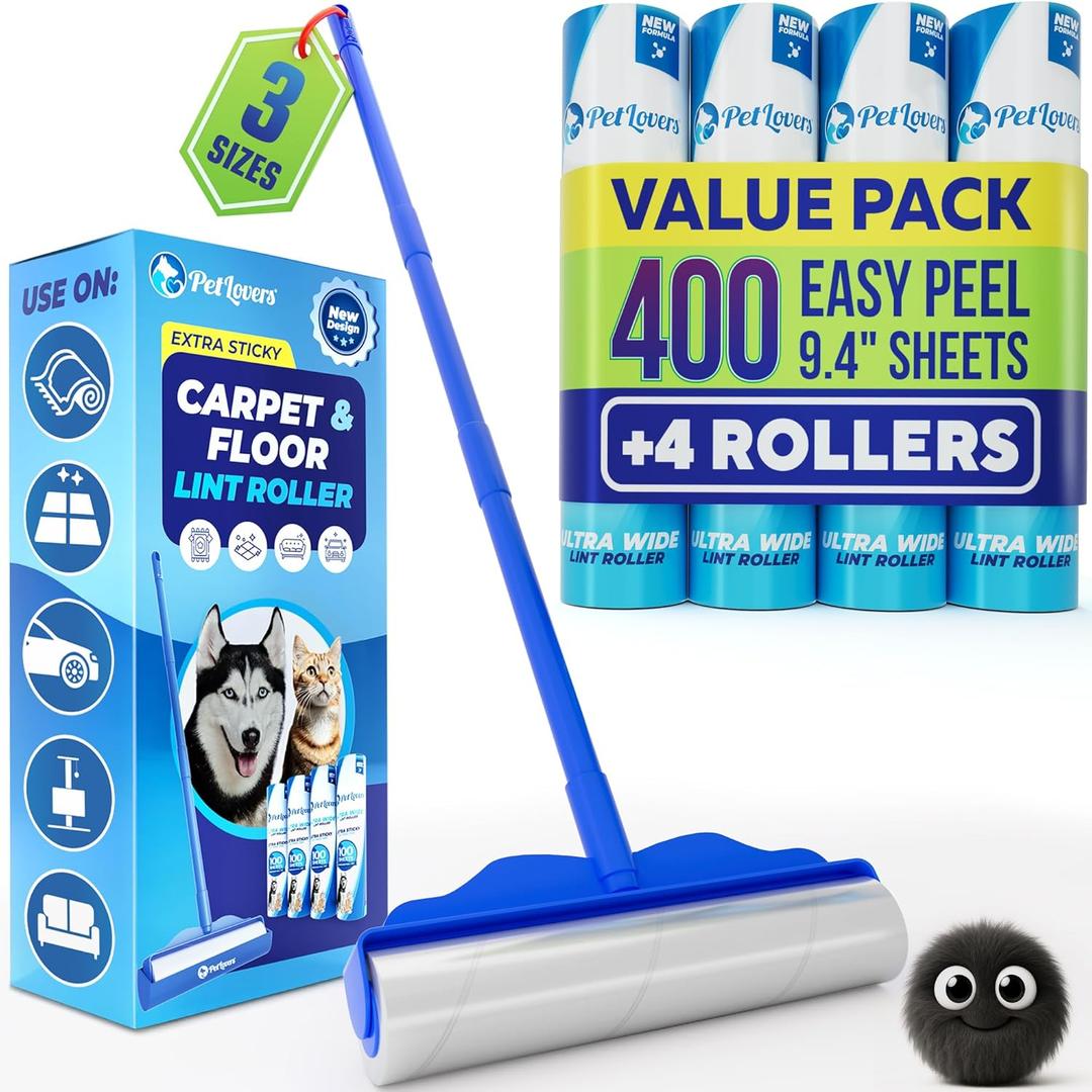 PetLovers Large Lint Roller with 3 Refills  400 Total Sheets for Tackling Pet Hair, Extra Large Floor and Carpet Roller for Homes with Pets, Perfect for Floors, Furniture, and Loving Pet Owners