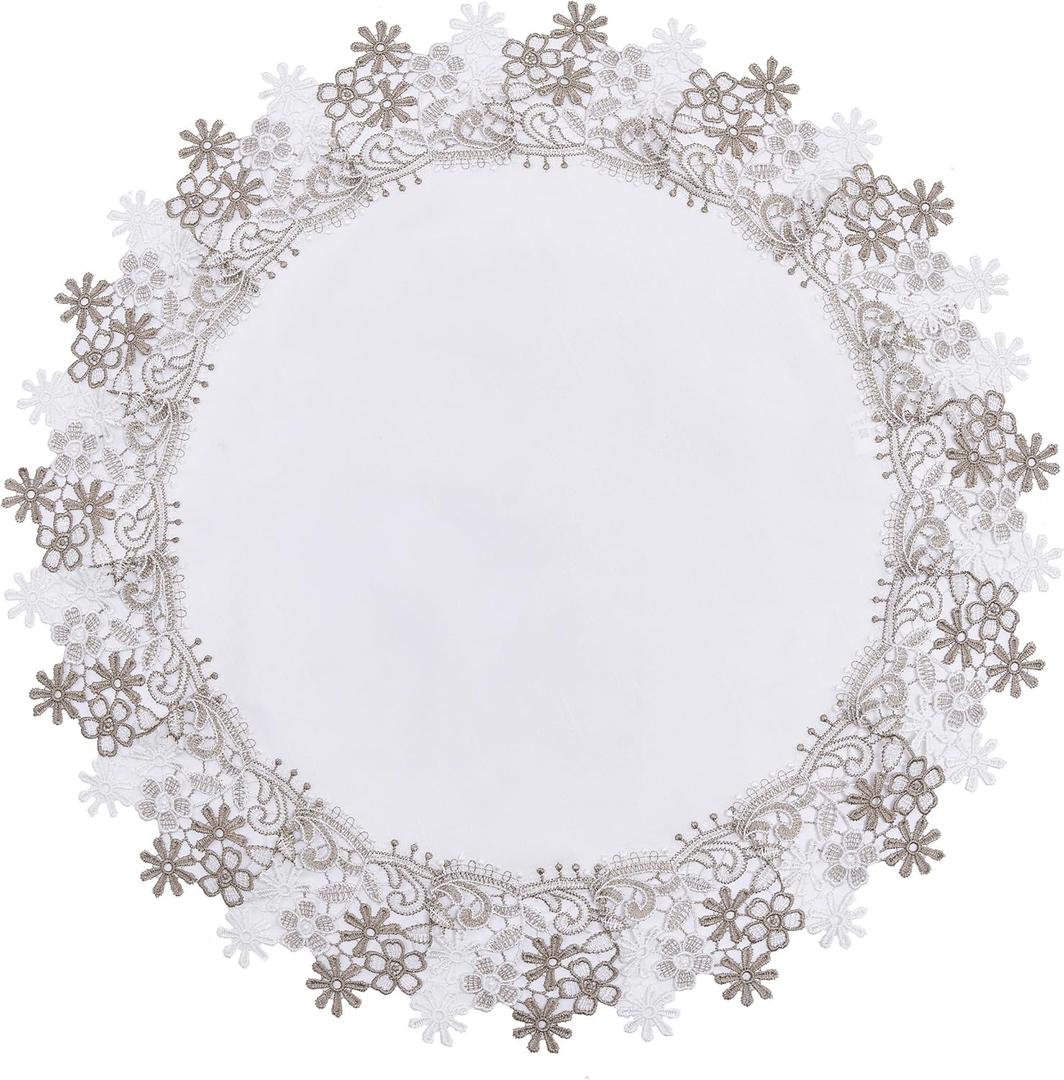 Natural Neutral Earth Tones Floral Lace White 23” Round placemats Doily Table Topper Dresser Scarf Place Mats (Set of 1, 23” Round)