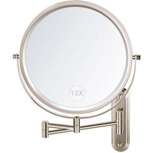 Wall Mounted Makeup Mirror, 15X/1X Double Sided Magnifying Mirror, 8.5 Inch Round, Brushed Nickel, Modern Style, Space Theme, 13" L x 11" W