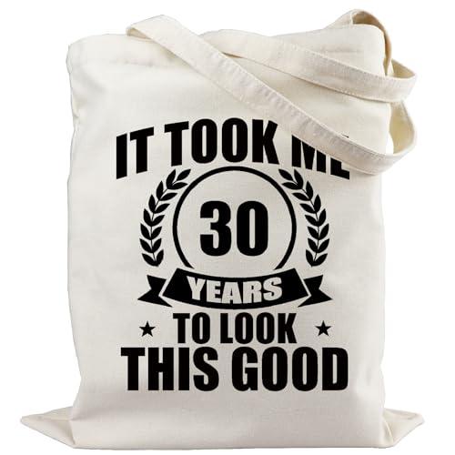 Xuzoueisp 30th Birthday Gifts for Women, 30th Birthday Decorations for Her Canvas Tote Bag with Pocket, Kitchen Reusable Grocery Bags 30 Year Old Gifts for Mom Wife Aunt Anniversary Christmas