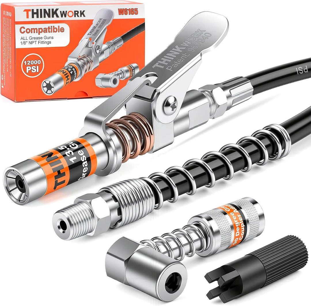 THINKWORK Grease Gun Coupler Set, Strong Lock on Greases Gun Couplers with 90° Grease Coupler Adaptor, 12000 PSI Quick Release Grease Coupler Compatible with All Grease Guns 1/ 8" NPT Grease Gun Fitting
