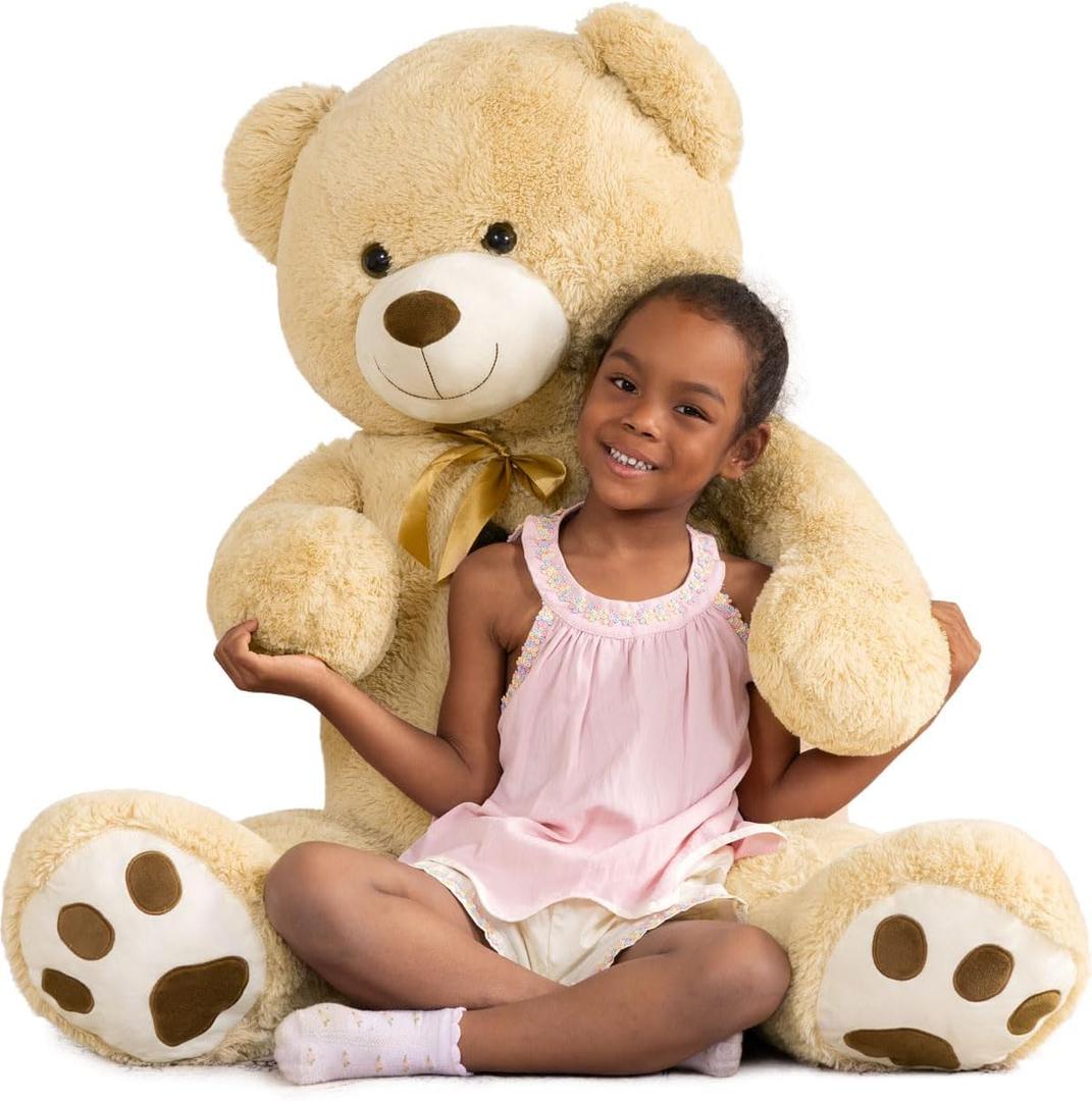 MaoGoLan Giant Teddy Bear Stuffed Animal, 52" Large Tan Teddy Bear Plush Toy with Cute Bow Tie & Footprints, Soft Sunggle Bear Plushies Gift for Kids Grilfriend Wife on Christmas Birthday Baby Shower (Light Brown)
