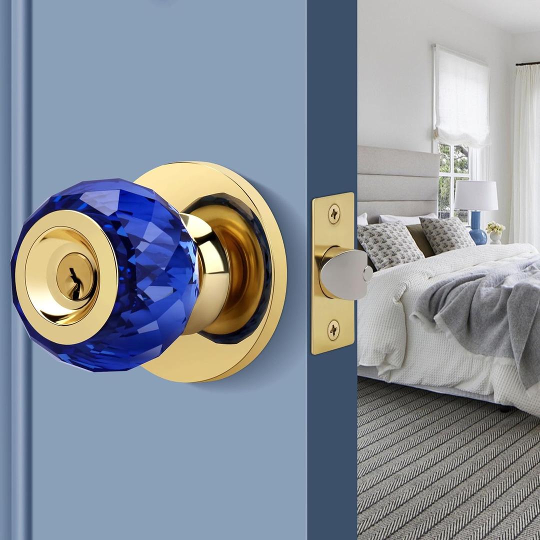 Crystal Door Knob with Privacy Lock, Blue Glass Interior Door Knob with Keys and Lock, Round Design Crystal Doorknob for Bathroom Bedroom, Gold