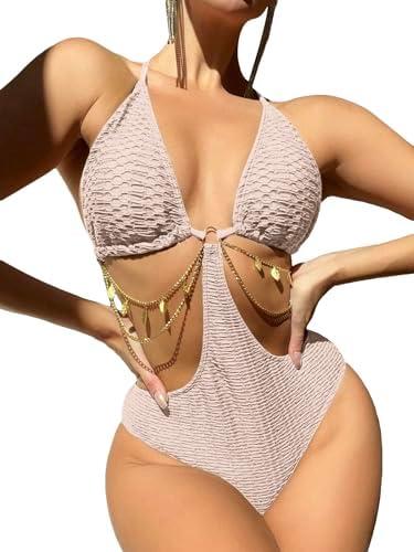 OYOANGLE Women's Chain Linked Cut Out Halter One Piece Swimsuit Tummy Control Bathing Suit, Pink, XS