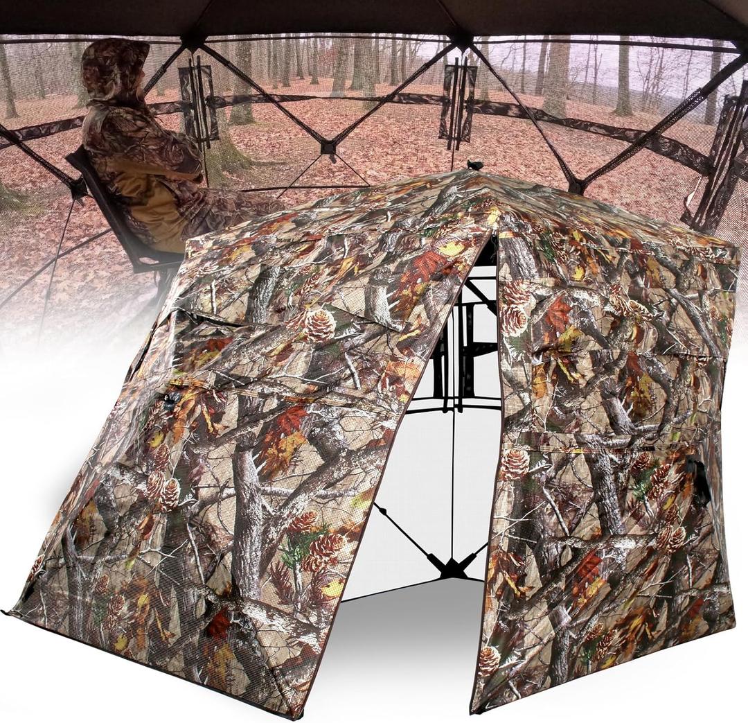 270/360 Degree See Through Hunting Blind 1-3 Person with Tri-Leg Hunting Stool, Pop up Ground Blinds for Deer Turkey Duck Hunting, Hunting Adjust Windows with Silent Zipper (360 - Camo Pine-cone)