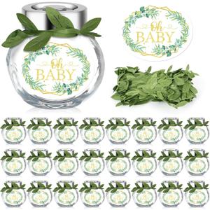25 Pcs 1.5 Oz Mini Glass Jars Baby Shower Glass Jars Small Candy Jars with Lids Green Leaf Ribbon and Labels Mason Jars Candy Containers for Baby Shower Party Favor Gender Neutral Eucalyptus Decor