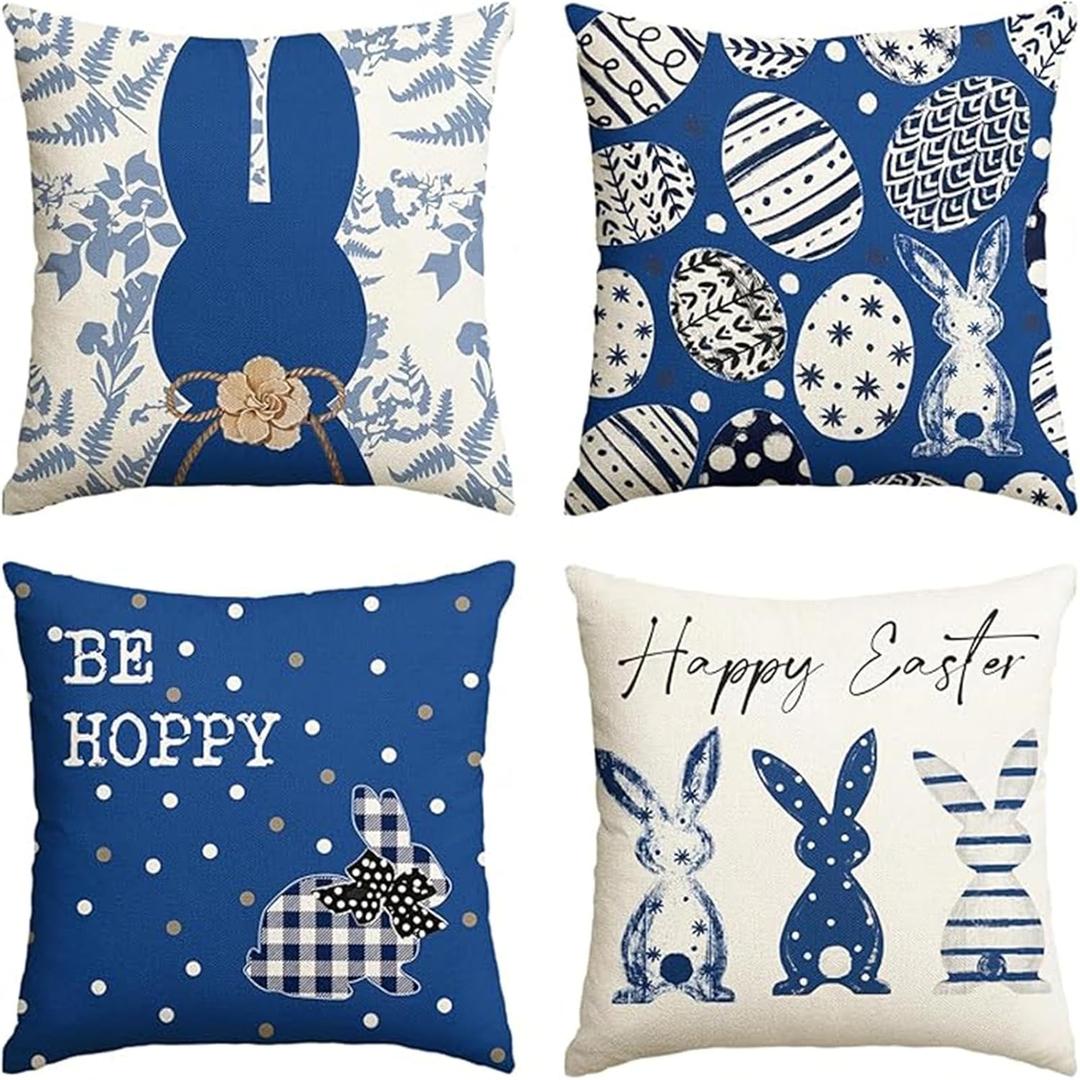 4 Pack Decorative Throw Pillow Covers 18x18 Inch Square Couch Pillows Linen Cushion Cover Outdoor Pillow Covers Set of 4 45x45 cm for Sofa Couch Bedroom Living Room Outdoor Car Decor Blue Bunny C8321
