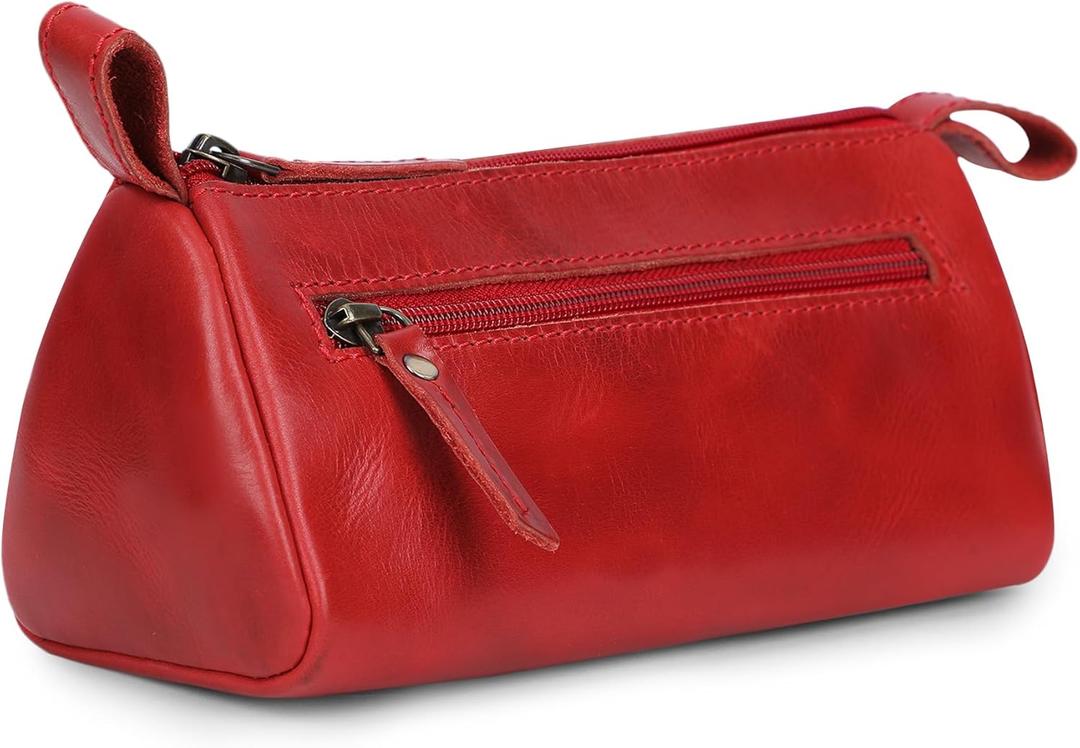 Leather Makeup Bag for Women  Genuine Leather Cosmetic Bag Travel, Handmade Zippered Makeup Pouch, Small Toiletry Bag, Shaving Kit & Stationery Organizer- Red