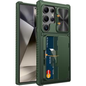 Vihibii for Samsung Galaxy S24 Ultra Case with Card Holder (4 Cards) & Slide Lens Cover & Kickstand & Raised Edges Protect Screen, Shockproof Rugged Case for Samsung Galaxy S24 Ultra 6.8", Green