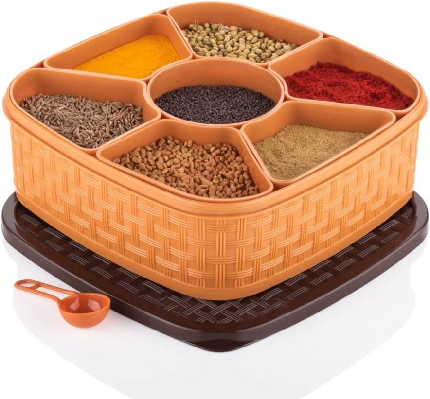 Plastic Square Multipurpose Masala/Spice/Dry Fruit Box Set 1 Piece- Brown (Masala Box -7 in 1)