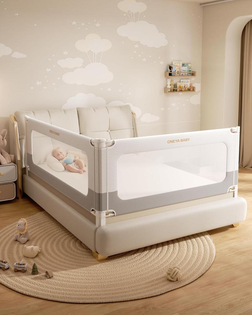 2 Piece Bed Rails for Queen Bed, No-Drill Needed Baby Bed Rail Guard for Toddlers with Height Adjustable, Thickened Child Safety Side Railing Guards/Bedrail for Kids, White/Grey, 60x78.7Inches