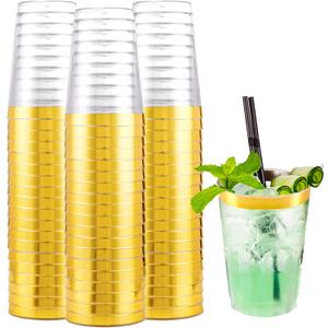 I00000 200 Pack Gold Plastic Cups, 10 oz Clear Plastic Cups Gold Rimmed Disposable Wine Glasses Fancy Disposable Party Cups Wedding Cups Drinking Tumblers Plastic Cocktail Glasses with Gold Rim (10-Gold-200)