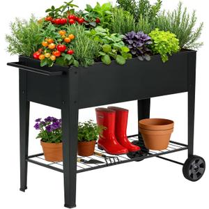 31.5" Tall Raised Garden Bed with Wheels, Extra 15.7" W Planter Box (400 lbs Loads) with Storage Shelf & Handle,Heavy Duty Metal Garden Planter for Vegetables, Herbs & Flowers, Patio & Balcony