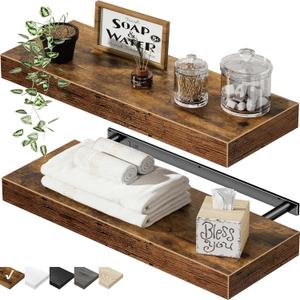 QEEIG Bathroom Floating Shelves for Wall - 15.7" Wall Mounted Shelf Over Toilet Farmhouse Home Decor Display Bookshelf Small 15.7 x 6.7 inch Set of 2, Rustic Brown (008-40BN)