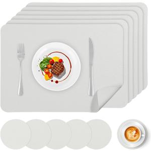 Faux Leather Placemats Set of 6, Vinyl Placemats Heat Resistant Place Mats, Waterproof Oil-Proof Wipeable Dining Table Mats and Coasters for Kitchen, Indoor, Outdoor (White)