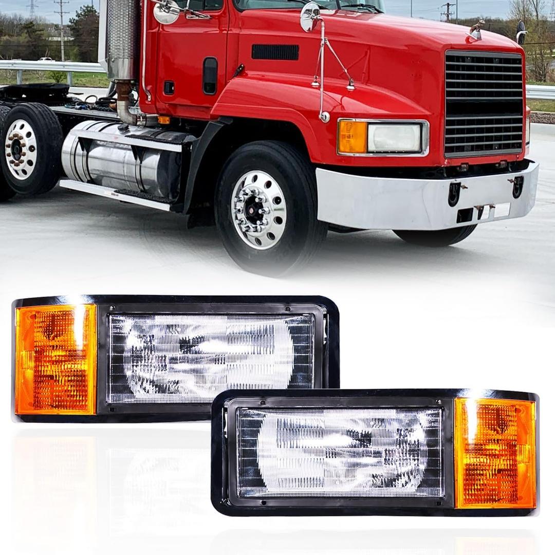 Pair Set headlights for Mack, Replacement Headlamp with turn Signal Bulb Compatible with 1990-2007 Mack CH600 CH612 CH613 CL600 CL700 semi Trucks DOT and SAE Approved