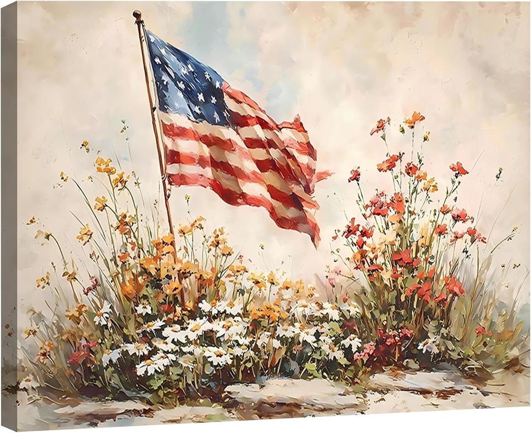RIBNTAK Large American Flag Wildflower Canvas Art 24x36in, 4th of July Patriotic Paintings Prints Pictures, Vintage Farmhouse Wall Decor for Living Room, Bedroom & Home Decor, Made in USA