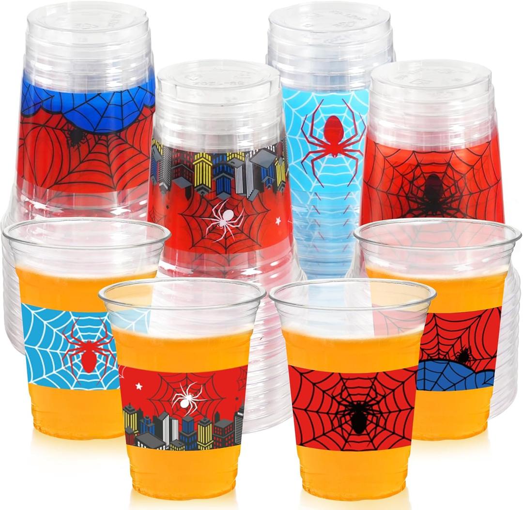 50Pcs Spider Web Birthday Party Decorations Cups, 12 OZ Disposable Plastic Drinking Cups Hot Cold Drink Wine Coffee for Home Sports Birthday Christmas Themed Holiday Party Supplies Favors