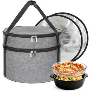 Insulated Casserole Carrier for Hot or Cold Food, Round Pie Carrier with Metal Support, Dish Carrier Food Container, Transport Pie Holders Pie Carrying Case, 2 Tiers, Gray, 9x13 Inches