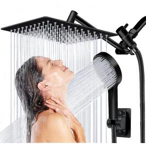 Shower Head, 8 inch Multifunction High Pressure Rain Shower Head with Handheld Spray Combo with 11'' Angle Adjustable Extension Arm/Flow Regulator/Shower System Matte Black