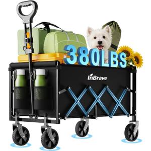Collapsible Wagon Cart Foldable Beach Wagon with All-Terrain Wheels - 380 LBS Heavy Duty Grocery Cart for Shopping, Beach, Camping, Sports, Garden (Black)