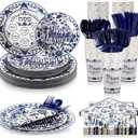 FillTouch 168 Pcs Passover Party Goods Supplies for 24 Guests, Include Paper Plates Cups Napkins Plastic Knives Forks Spoons Seder Tableware Set for Passover Family Party (Embroidered)