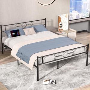 VECELO 14" Queen Size Metal Platform Bed Frame with Headboard and Charging Station,Premium Steel Slat Support No Box Spring Needed,Noise-Free Anti-Slip,Easy Assembly
