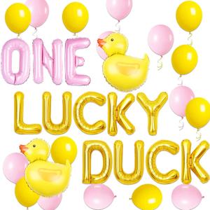 JeVenis Pink One Lucky Duck Birthday Decorations Rubber Duck First Birthday Balloon Decoration