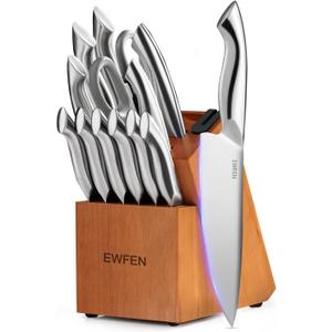 Knife Set, EWFEN 14-Piece Kitchen Knife Set with Block, German Stainless Steel Knives with Built-in Knife Sharpener, Anti-Slip Sharp Knives Set for Kitchen, Dishwasher Safe, Curved Handle