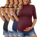 Sweetyweee 4 Pack Women's Maternity Tops Pregnancy Work Shirts Mock Turtleneck Half Sleeve Side Ruched Fall Maternity Outfits(Wine Red, Navy Blue, White, Black,Small) 