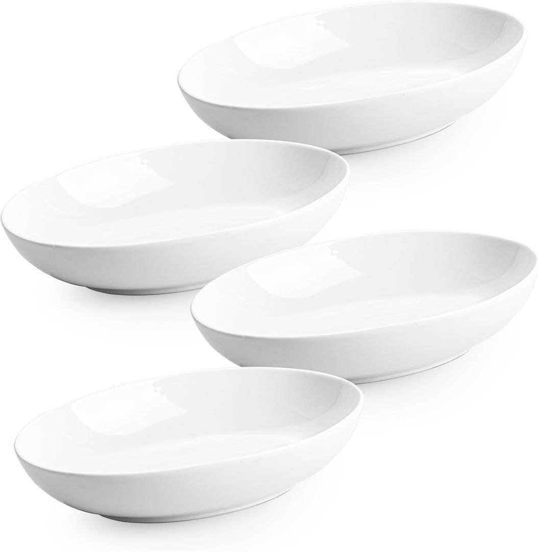 8.6" Oval Serving Bowls Set of 4, 24 oz White Ceramic Oval Bowls for Food, Small Serving Dish for Salad, Pasta, Side Dishes, Fruit, Snacks, Microwave Dishwasher Oven Safe