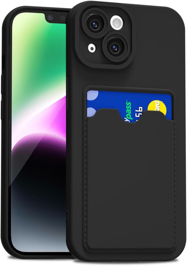 for iPhone 14 Case with Card Holder Slim, Thin Silicone Wallet Phone Case with Credit Card Slot for Women Men, Soft Rubber Gel TPU with Pocket Shockproof Camera Cover, Black