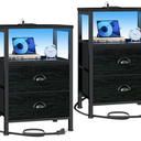 Furologee Nightstands Set of 2, End Tables with Charging Station and LED Lights, Black Night Stands with 2 Fabric Drawers, Bedside Tables Set of 2 for Living Room/Bedroom,Black Oak