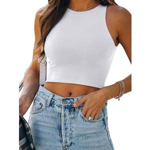 REORIA Butsmooth Women's Sleeveless Halter Neck Double Lined Casual Basic Crop Tank Tops (Large, White)