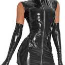 Women Sexy Tank Leather Dress, Gloves Not Included, Wetlook, Plus Size, Shiny Latex Hip Skirt (Small, Black)