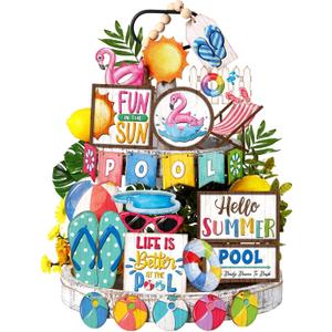 26 Pcs Summer Pool Tiered Tray Decor Sets Farmhouse Hello Summer Wood Sign Flamingo Ball Swim Rings Table Centerpieces Colorful Hawaii Plaque Decorations for Home Kitchen Office Shelf Holiday