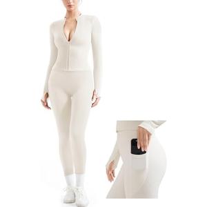 SUUKSESS Women 2 Piece Seamless Ribbed Workout Sets With Zip Up Jacket High Waisted Gym Yoga Leggings L White
