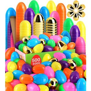 LEASEN [ 12 Surprise Golden Eggs ] 500 Pack Plastic Easter Eggs Bulks, 2.3 Inch Empty Easter Eggs, Bright Colors Plastic Eggs Fillable for Easter Hunt, Basket Stuffers Fillers, Easter Party Favor Pack Of 3