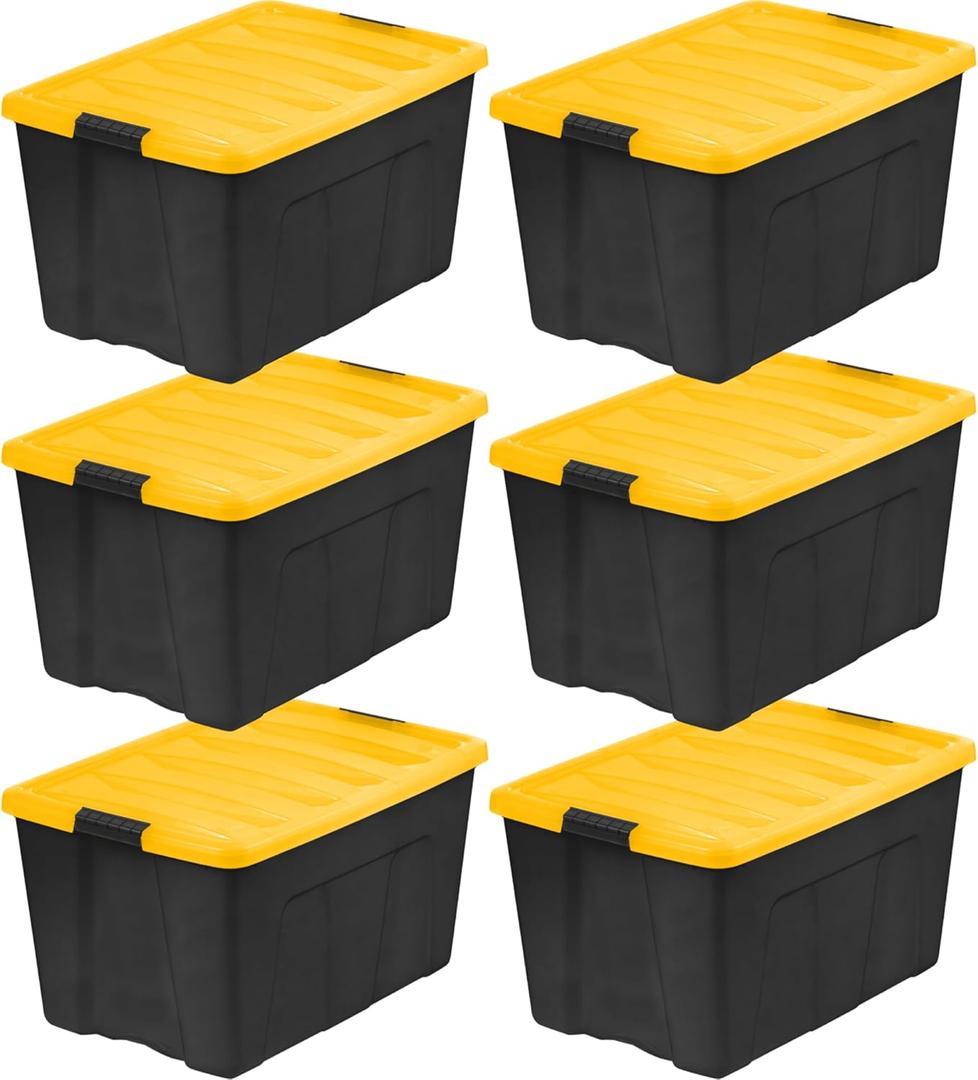 IRIS USA 72 Qt Stackable Plastic Storage Bins with Lids, 6 Pack - BPA-Free, Made in USA - Garage Organizing Solution, Latches, Durable Nestable Containers, Secure Pull Handle - Black/Yellow