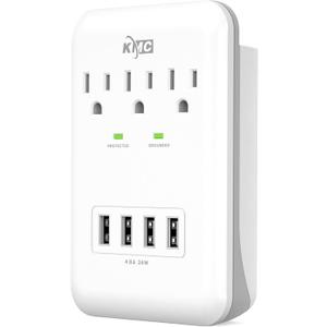 KMC 3-Outlet Wall Mount Surge Protector, 900 Joules, 4 USB 4.8 AMP USB Charging Ports, Phone Holder Cradle for Home, School or Office, ETL Certified (1 PACK)