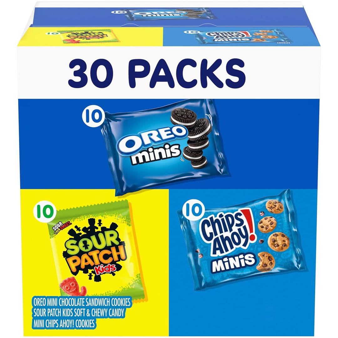 Nabisco Cookies & Candy Variety Pack, SOUR PATCH KIDS Candy, OREO Mini Cookies, and Mini CHIPS AHOY! Cookies, 30 Snack Packs EXP: 03 SEP 2025