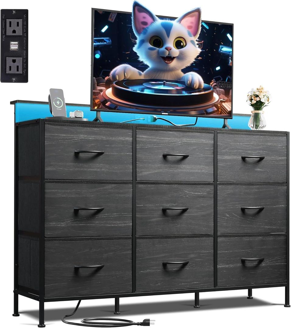 WLIVE Black Dresser TV Stand for 45, 50, 55-inch TV, Entertainment Center with LED Lights & Charging Station, Chest of drawers with 9 Fabric Drawers and Open Shelves for Living Room, Hallway, Wood Top