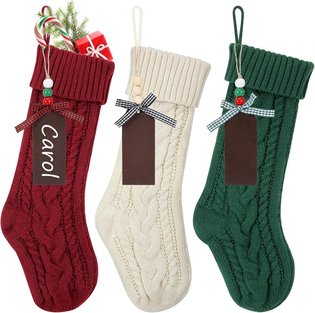KaKaPops Christmas Stockings, 18 Inches Christmas Stocking with Name Tags Cable Knitted Stocking Decorations for Holiday Party Decor (1pc Burgundy + 1pc Green + 1pc Ivory)