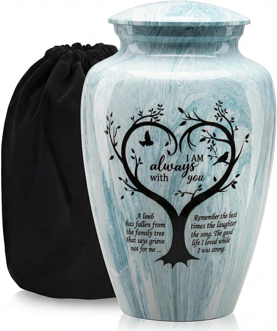 Handcrafted Urn for Human Ashes, Large Decorative Cremation Urns, Memorial Funeral Urn for Men & Women Adults with Trees and Hummingbirds Finish, Metal Alloy 10" H x 6" W (Aqua Blue)