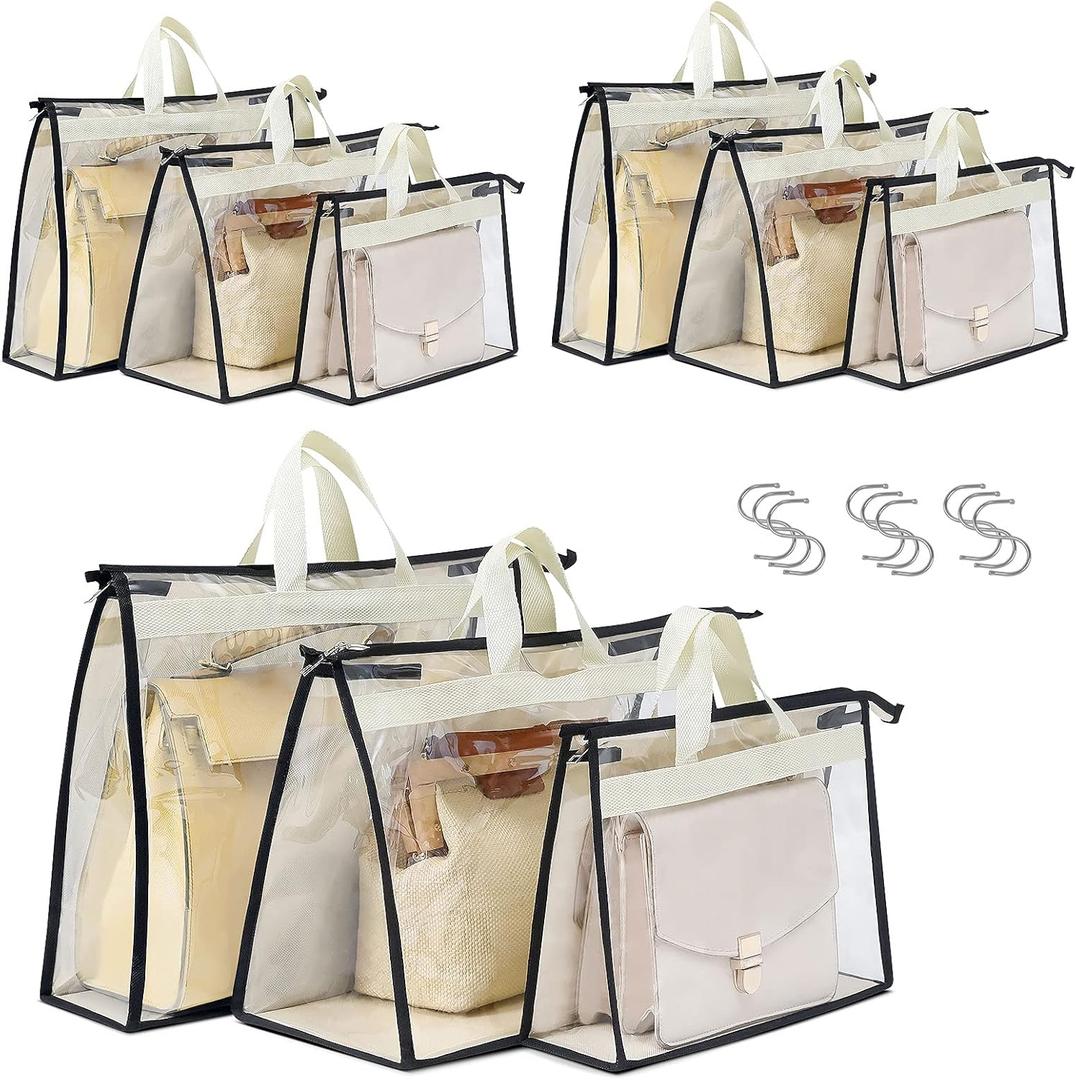 Interesse 3 Pack Dust Bags for Handbags, Clear Handbag Storage, Purse Storage Organizer for Closet, Purse Cover Hanging Closet Organizer with Zipper (3 Sizes-3PCS-Beige, Beige)