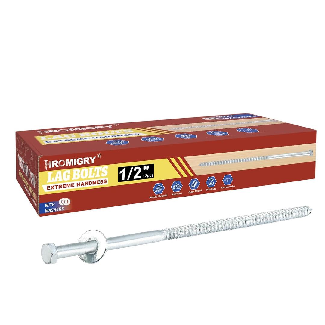 1/2" x 8" Lag Bolts (12 Pcs) 1/2 inch Lag Screws for Wood, Heavy Duty Hex Head with Washers, Zinc Plated