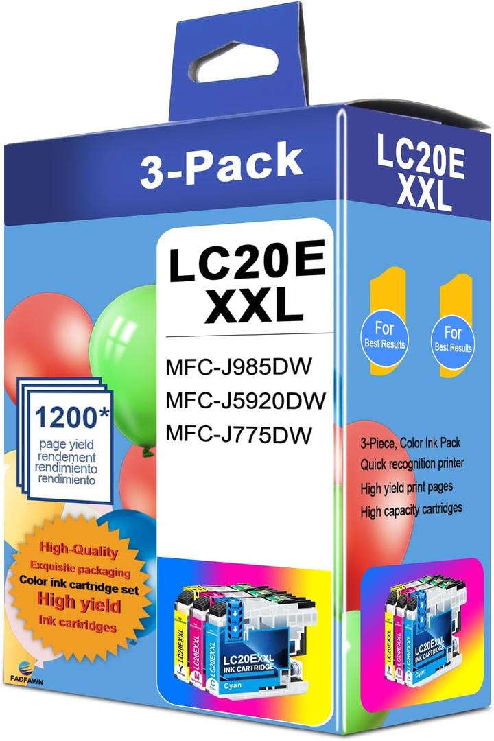 LC20E Super High Yield Ink Cartridges (3 Pack Includes 1 Cartridge Each of Cyan, Magenta & Yellow) - Replacement for Brother LC20E XXL Ink Cartridges use for MFC-J985DW MFC-J5920DW MFC-J775DW Printer