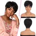 PEACOCO Pixie Cut Wig Human Hair Short Wigs for Black Women Natural Straight Glueless Pixie Wig with Bangs Layered Virgin Short Wigs for Women Black Color 1B