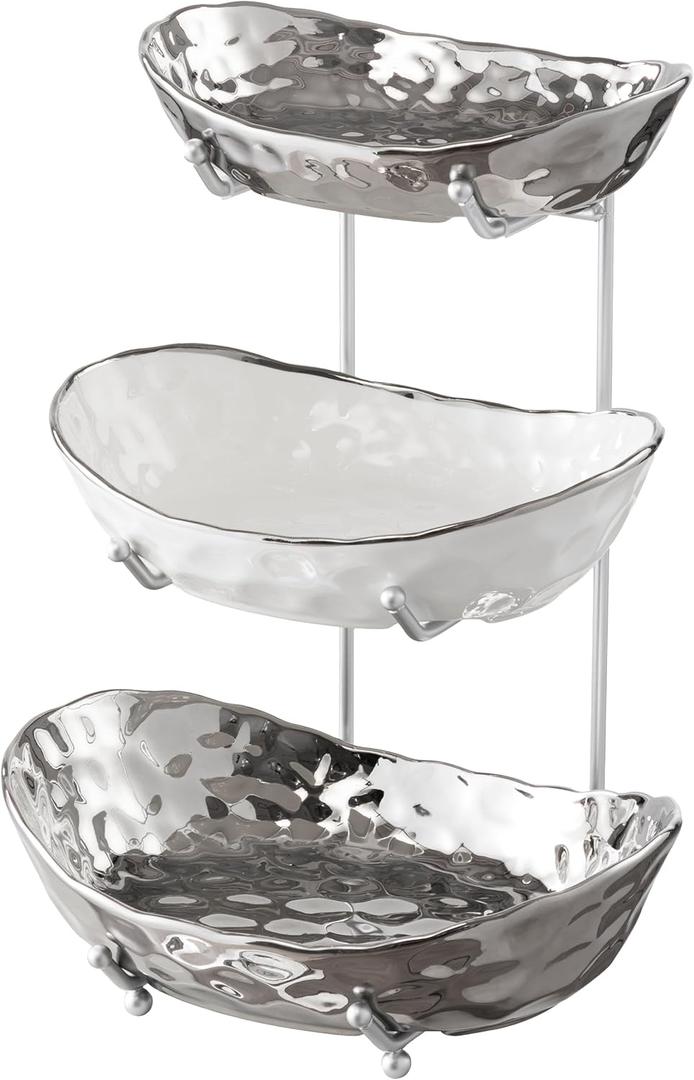HBlife Fruit Bowl for Kitchen Counter - 3 Tier Ceramic Fruit Bowl with Metal Stand, Tiered Fruit Basket for Kitchen Fruit Vegetable Storage, Snack, Dessert Tray Plate Rack for Party, (Silver)
